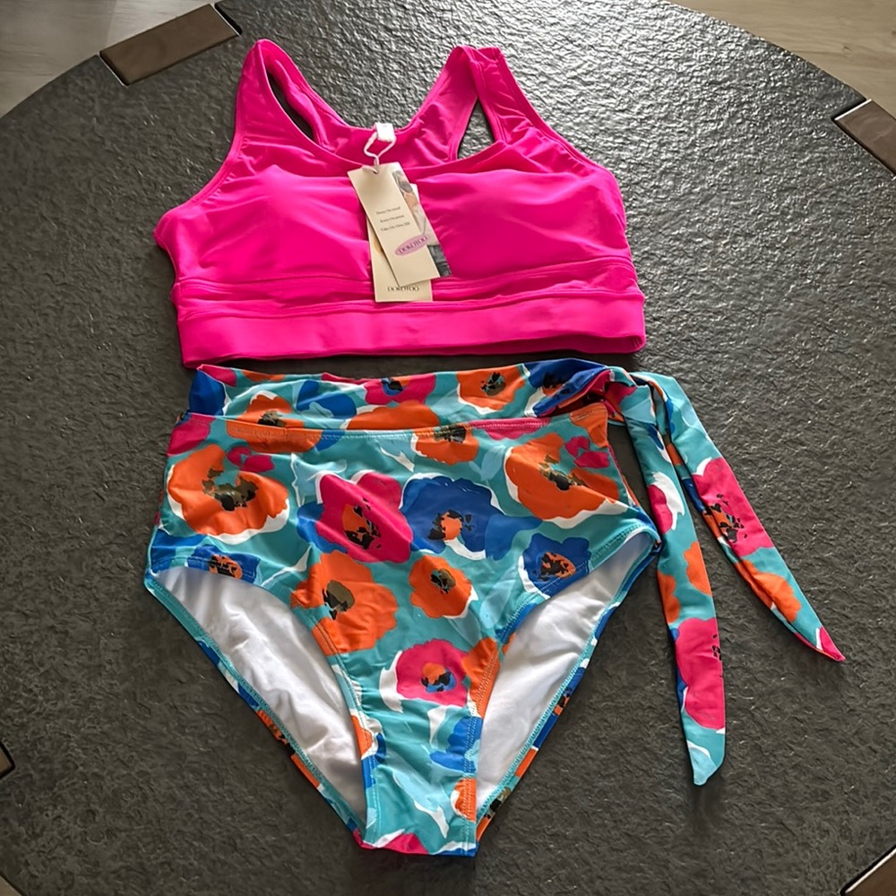 ⛱️🏖️Dokotoo from Amazon Pink and Orange Bikini with Floral High-Waist 👙☀️🏝️